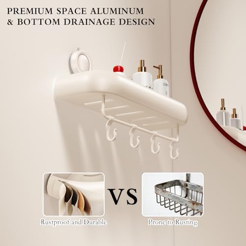 CICUFY Shower Caddy Suction Cup, 1 Pack No Drilling Corner Shower Shelves, Rust Proof Bathroom Storage Organizer, Shower Corner Caddy with Removable Hooks and Towel Bar, Square, Cream - Image 5