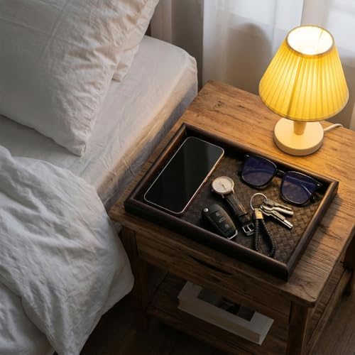 2Pcs Wooden Valet Tray with Leather Base, 11.8 x 7.87inches Entryway Bedside Dump Holder Nightstand Catchall Organizer for Perfume Watch Wallets Keys Watches Jewelry & Sunglasses - Image 4