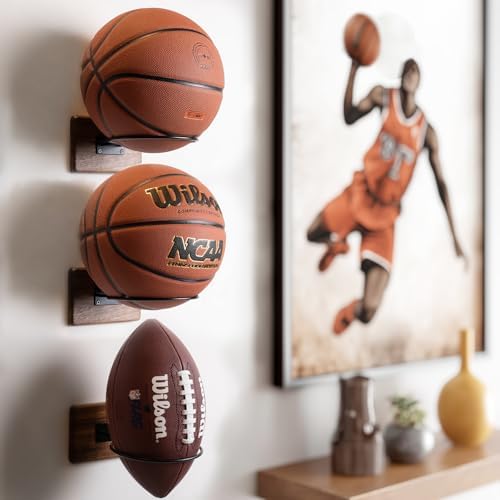 Basketball Holder Wall Mount, Solid Wood Ball Holder for Storage Soccer Volleyball Football Autograph Ball Metal, Basketball Rack Display for Boys Sports Accessories Organizer & Wall Decor - Image 6