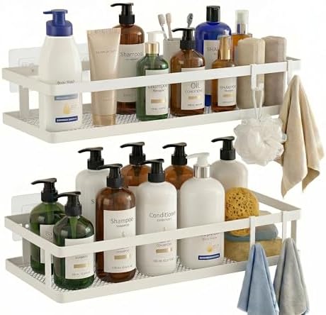 PUSDON 2-Pack Minimalist Shower Caddy Wall Mount, Open Frame Bathroom Shelf Organizer with Mesh Base, Rustproof Floating Spice Rack for Kitchen, Holds 50 LBS, 4 Hooks - White, Guardrail by PUSDON