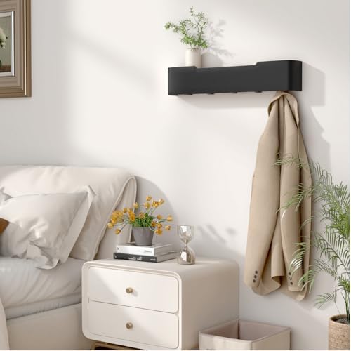 Wall Mounted Coat Rack with Shelf, Wooden Entryway Organizer with Hidden Metal Hooks for Hanging Coats Bags Keys, Modern Floating Shelf for Hallway Bathroom - Image 5