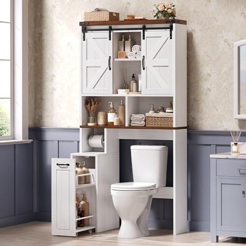 Farmhouse Over The Toilet Storage Cabinet with Pulley, Slide Barn Doors Bathroom Storage Cabinet, Space Saver W/Adjustable Shelf & Open Shelf for Bathroom, Restroom, Laundry (White Brown-Type A) by UPOSOJAWishesYouaNiceDay