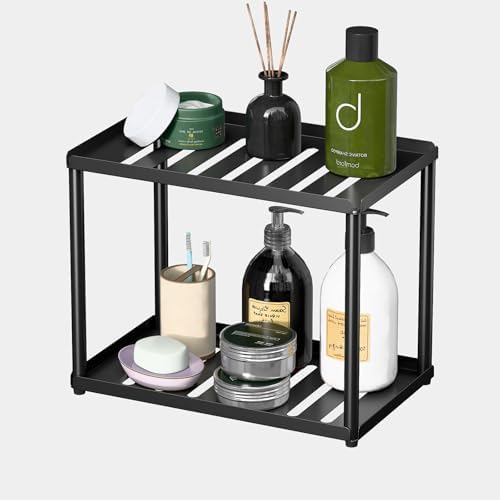 2 Tier Bathroom Counter Organizer, Rectangular Vanity Organizer Shelf, Skincare and Makeup Countertop Storage Rack for Kitchen, Bathroom, Bedroom, Black by Unknown