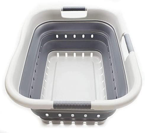 SAMMART 41L Collapsible 3 Handled Plastic Laundry Basket - Foldable Pop Up Storage Container/Organizer - Portable Basket - Space Saving Hamper/Basket (3 handled rectangular, Grey/Dark Grey) by SAMMART