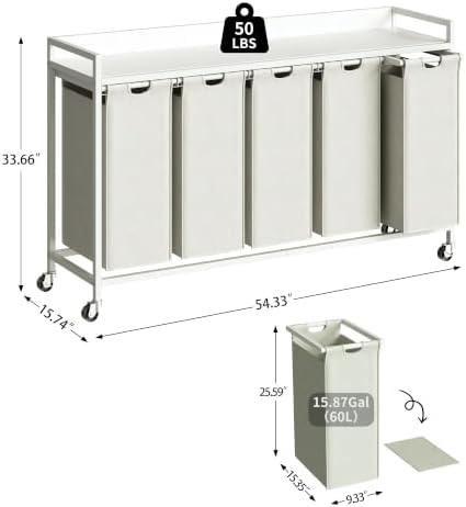 Herture Laundry Hamper with Shelf, Laundry Basket 5 Section, Laundry Sorter with Pull-Out Removable Large Bags and Movable Wheels, Metal Frame, 5 x 15.87 Gallons (60L), White PF08XLW - Image 2