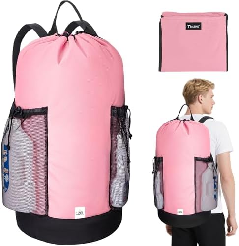 BALEINE 2PK 120L Laundry Bag Backpack, 900D Oxford Fabric Large Travel Laundry Bags with Shoulder Straps and 2 Mesh Pockets for College Dorm, Apartment, Laundromat (Pink, 120L) by BALEINE