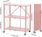 BRIAN & DANY 3-Tier Foldable Storage Shelves with Wheels, No Assembly Folding Shelf Metal Rack, Shelving Unit for Kitchen, Garage, Pink - Image 3