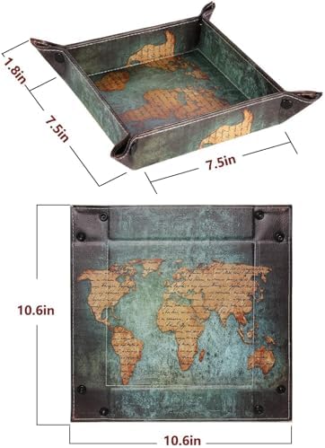 Valet Tray Desktop Storage Organizer, Vegan Leather Catchall Bedside Vanity Tray Nightstand Caddy Holder for Remote Controller, Watch, Keys, Phone, Wallet, Sunglasses, Jewelry - Map - Image 2