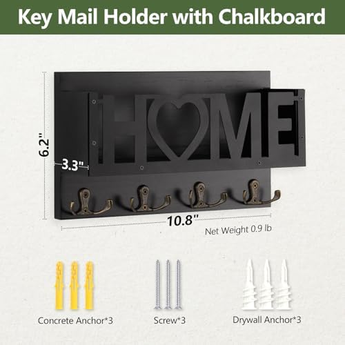 Wall Mount Mail and Key Holder, Wooden Mail Organizer with 4 Double Hooks, Black Metal Letters, Farmhouse Home Decor, Entryway Storage, 10.8 x 3.3 x 6.2 Inches - Image 6
