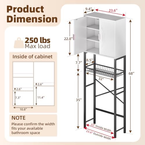 Kalrin Over The Toilet Storage Cabinet with Fluted Wave Doors and Adjustable Shelf, Wood Over Toilet Storage Rack with Drain Basket, Freestanding Bathroom Organizer for Balcony Laundry, White & Black - Image 2