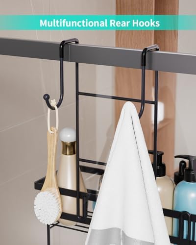 HapiRm Hanging Shower Caddy Over the Door with 14 Hooks and Soap Holder, No Drilling Adhesive Shower Storage, Rustproof & Waterproof Stainless Steel Bathroom Shelves - Black - Image 5