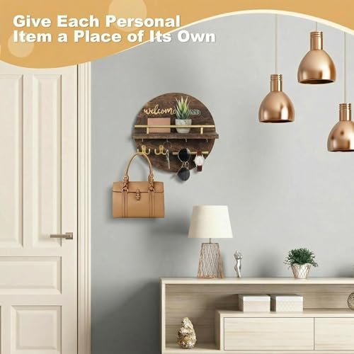 Key Holder for Wall, Key and Mail Holder Organizer with - Key Holder Wall Mount - Round Wooden Rustic Home Decor for Entryway, Mudroom, Hallway, Kitchen Office (Brown&Gold) - Image 3