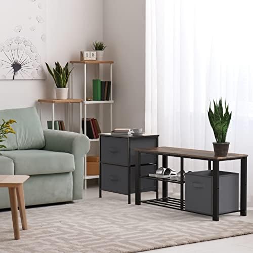 Simple Houseware Wooden Top Shoe Rack Bench with Bins, Rustic Brown - Image 5