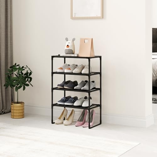 5-Tier Small Shoe Rack for Closet and Entryway, Narrow Shoe Shelf Organizer,Stackble Shoe Stand,Non-Woven Fabric Metal Free Standing Shoe Racks (Black, 18" W x 9.9" D x 28.6" H) - Image 2