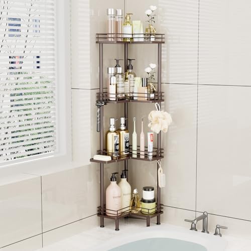 Consumest Corner Shower Caddy Standing - 4-Tier Stainless Steel Shower Organizer with Soap Holder and 4 Hooks, Large Capacity Corner Shelf Stand for Bathroom, Rest Room, Bronze - Image 7