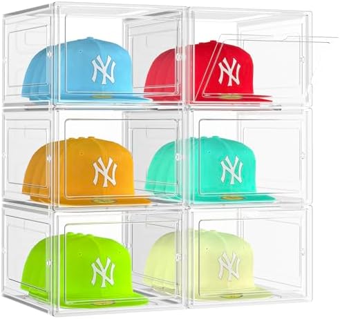 SCAVATA 6 Pack Hat Organizer Box, Stackable Clear Baseball Caps Holder Box Containers with Magnetic Door for Hats Snapback Cap Storag, Hat Rack Display Case, Holds 8 Hats Each (Clear) by Tidyyourlife