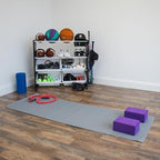 Humble Crew Jayden Sports Equipment Organizer with 2 Ball Racks and 4 Storage Bins – Black/White Rack for Home Gym, Garage & Kids’ Gear, Holds Balls, Bats, Rackets & More - Image 4