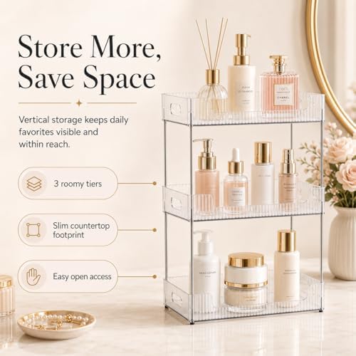 Goderewild 3 Tier Bathroom Counter Organizer, Multi-Purpose Cosmetics Skincare Shelf, Fits A4 Size Makeup Organizer for Office and Vanity Tray, Countertop Storage Solution for Kitchen,Bath.(Clear) - Image 3