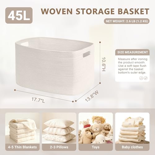 45L Small Woven Laundry Basket Hamper with Handles, White - Image 2