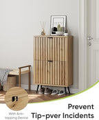 Shoe Storage Cabinet, Fluted Shoe Cabinet Storage for Entryway, Hidden Shoe Cabinet with Metal Legs,Shoe Organizer Cabinet with Flip Doors, Slim Entryway Shoe Storage Cabinet,Natural Wood-23.5in - Image 3