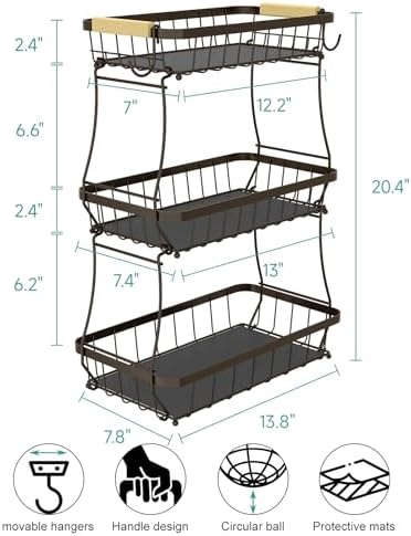Sevenblue 3-Tier Fruit Basket with Banana Hangers, Detachable Metal Bowl - Image 2