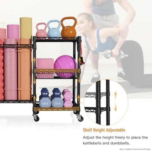 FUTASSI Home Gym Storage, 3 Tiers Workout Equipment Organizer with Wheels for Yoga Mats, Foam Roller, Dumbbells, Kettlebells, and Resistance Bands - Image 4