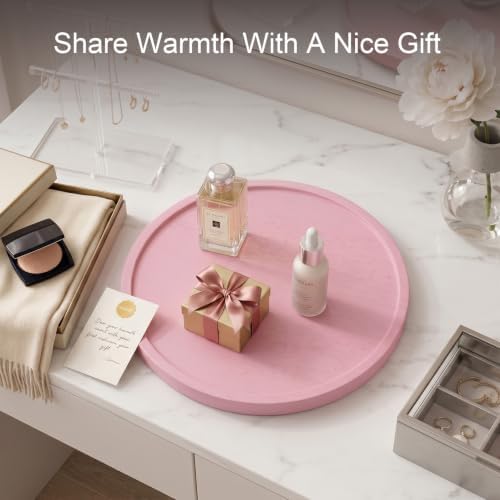 Lazy Susan Turntable Organizer, 10" Acacia Wood Decorative Tray, Pink - Image 3