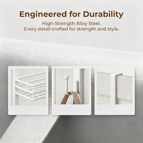 Over the Door Purse Organizer, Wall Mounted Handbag Storage Rack with 16 Hooks and Mesh Basket, Heavy Duty Carbon Steel Bag Holder for Closet, Entryway, Apartment Essentials, Splitable Design, White - Image 3