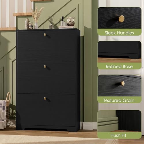Nicetree Shoe Cabinet with 3 Flip Drawers, Narrow Shoe Organizer Cabinet, Freestanding Shoe Rack Cabinet, Modern Shoe Storage Cabinet for Entryway, Hallway, Foyer, Black - Image 6