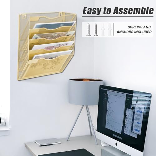 EASEPRES 5 Pocket Mesh Hanging Wall File Organizer, Wall Mounted Mail Paper Document Folder Holder, Clipboard Storage Organization Magazine Rack with Nametag Label for Office Home School, Gold - Image 5