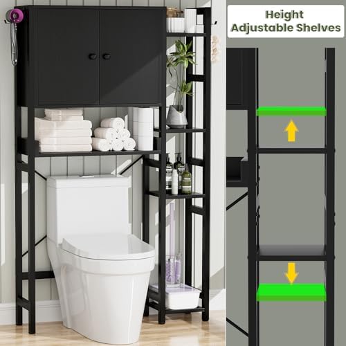 Over The Toilet Storage Cabinet with Doors - 7 Tier Bathroom Organizer with Adjustable Shelf, Freestanding Space Saver Rack Above Toilet Stand with 4 Hooks for Bathroom, Restroom, Laundry, Black - Image 6