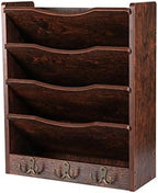 PAG-Mass 5-Tier Wall File Holder Hanging Mail Organizer Wood Magazine Literature Rack with 6 Hooks, Brown by PAG