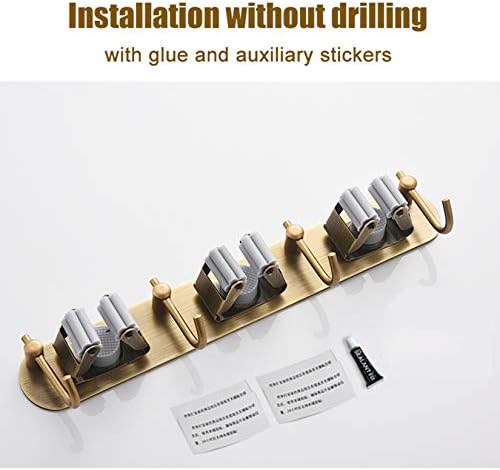 Mop Broom Holder Wall Mount Garden Tool Organizer, Brass Heavy Duty Tool Hanger with 3 Racks 4 Hooks for Kitchen Bathroom Closet Garage Office Laundry - Image 7