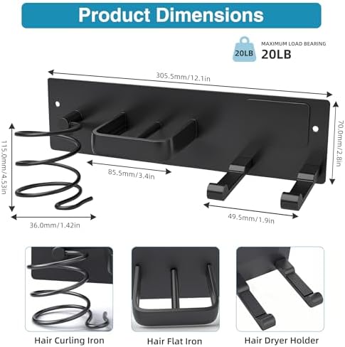 Hair Dryer Holder Hair Tool Organizer Metal Wall Mount(Matte Black) - Image 5