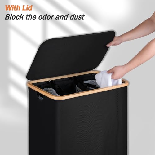 efluky Laundry Hamper 3 Section with lid and 3 Removable Bags, Black - Image 3