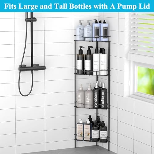 HuggieGems 4 Tier Floor Standing Corner Shower Caddy Organizer Shelf with Hooks, Bathroom Shelves Stand Rack, Black (Pack of 2) - Image 4