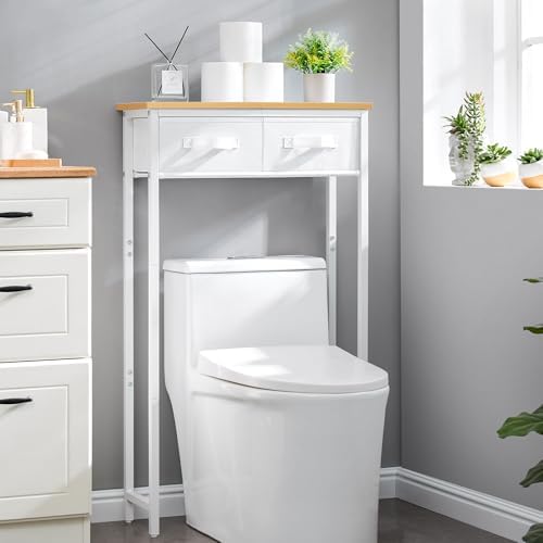MOHOPE 2-Tier Over The Toilet Storage with 2 Fabric Drawers, Freestanding Above The Toilet Storage Cabinet, Space Saver Metal Over Toilet Bathroom Organizer Shelf for Small Space, Natural and White - Image 2