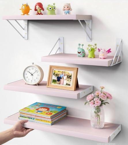 BAYKA Wall Shelves for Bedroom Decor, Wood, Pink, Set of 4, 16in by Bayka