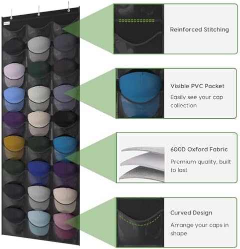 Baseball Hat Rack, 27 Pocket Over-The-Door Hat Organizer with Clear Deep Pockets to Display Baseball Caps Collection, Complete with 3 Over Door Hooks (Black, 27 Pockets) - Image 3