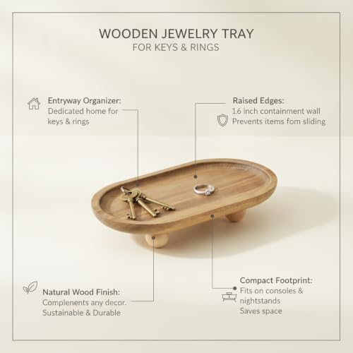 Solid Wood Catchall Tray for Keys & Rings, Natural Finish Entryway Organizer with Raised Edges, Compact Desktop Storage - Image 4