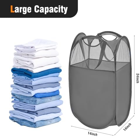 TECHMILLY Pop Up Foldable Laundry Basket, Mesh Laundry Hamper with Reinforced Handles for Dirty Clothes Storage in Dorm, Laundry Room, Bathroom, Grey(Fabric), 3 Pack - Image 2