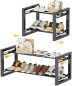 Homeiju Expandable Shoe Rack, 2 Tier Metal Shoe Shelf, Adjustable Shoe Stand for Sneakers, Boots, Heels, Heavy-Duty Steel Standing Shoe Organizer for Entryway, Closet, Bedroom, Black by Homeiju