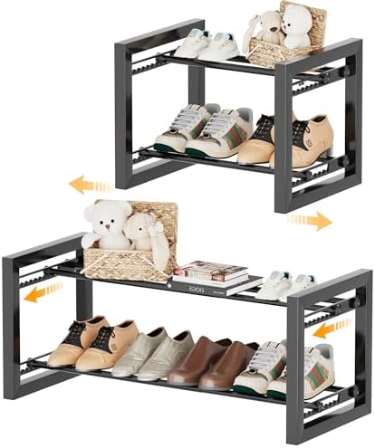 Homeiju Expandable Shoe Rack, 2 Tier Metal Shoe Shelf, Adjustable Shoe Stand for Sneakers, Boots, Heels, Heavy-Duty Steel Standing Shoe Organizer for Entryway, Closet, Bedroom, Black by Homeiju