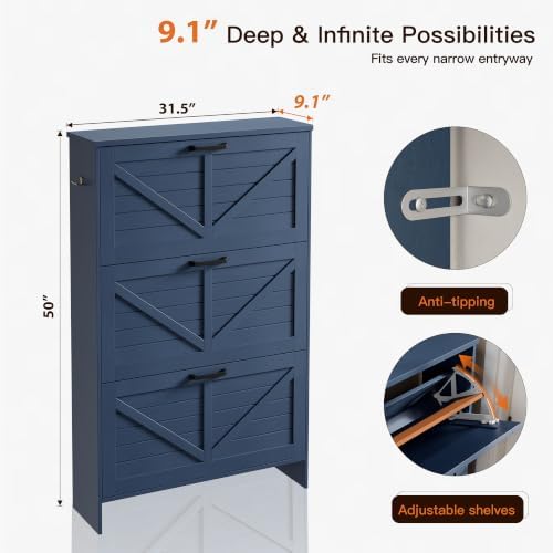Nicetree Shoe Cabinet for Entryway, 3 Flip Drawers Shoe Storage Cabinet with 3-Tier Adjustable Shelves, Ultra Slim Freestanding Hidden Shoe Organizer with Barn Door Design, Navy Blue - Image 2