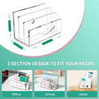 Mail Organizer Envelope Holder - 3 Compartments Clear Acrylic Mail Holder Countertop Home Office Desk Organizer Small File Sorter Vertical Bill Letter Paper Document Storage Rack - Image 5