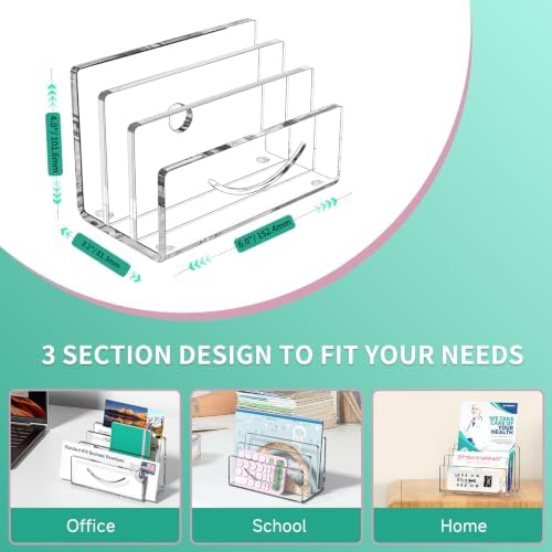 Mail Organizer Envelope Holder - 3 Compartments Clear Acrylic Mail Holder Countertop Home Office Desk Organizer Small File Sorter Vertical Bill Letter Paper Document Storage Rack - Image 5
