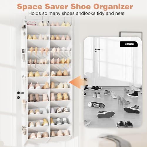 LANTEFUL Over the Door Shoe Organizer, Hanging Shoe Rack for Closet Door Shoe Storage for 30 Pairs Sneaker and Boots, Large Shoe Holder for Door with 10 Side Pockets, Space Saving, White - Image 6