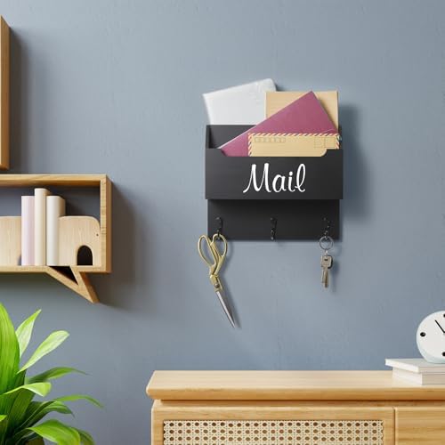 DRASTAR Mail Organizer Wall Mounted, Wooden Mail Sorter & Key Holder for Wall, Hanging Mail Organizer, Black Mail Basket for Home Office - Image 7