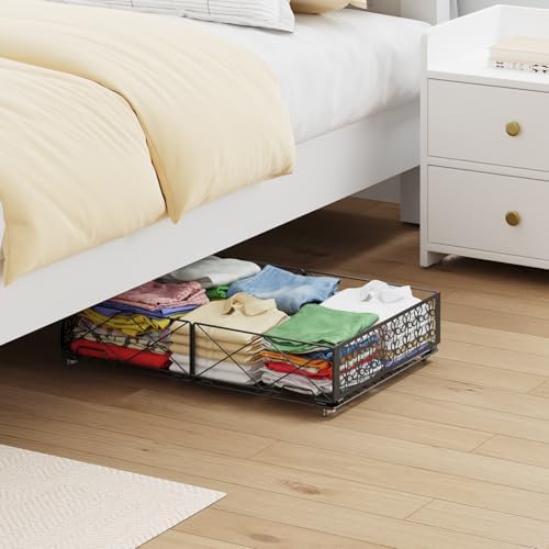 Under Bed Storage with Wheels, Rollable Under Bed Storage Container, Foldable Metal Under Bed Organizer for Bedroom Clothes Shoes Blankets Storage (2black, Black) - Image 2