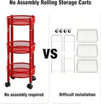 3-Tier Foldable Rolling Cart, Collapsible Metal Utility Cart with Wheels, Assembly-Free, Round Storage Organizer Trolley for Kitchen, Bathroom, Dorm, Nursery-Red - Image 5